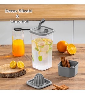 Porsima 1110 Sızdırmaz Kapaklı Detoks Sürahi - Matara & Limonluk, Şerbetlik, Suluk -Şeffaf Gri 2 L
