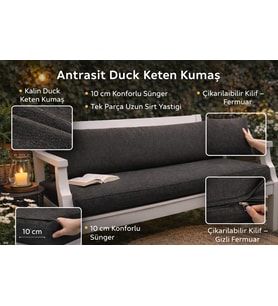 Duck Keten Bank Minderi 120x50x10 cm – Uzun Sırt Yastıklı, Fermuarlı, Kalın Sünger