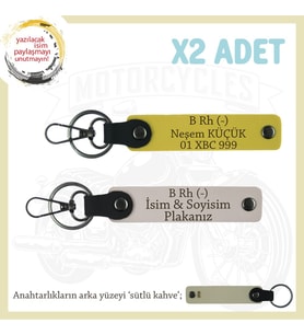 Şöförlere, İsim Plaka ve B Rh (-) Kan Grubu Yazılı Hediyelik Deri x2' li Anahtarlık, Pudra-Sarı-SK (Çok Renkli)