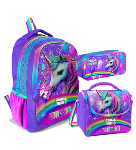 Coral High Üç Gözlü İlkokul ve Ortaokul Çanta Seti - Kız Çocuk - Mor Simli Unicorn Desenli