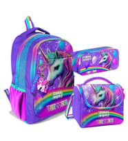 Coral High Üç Gözlü İlkokul ve Ortaokul Çanta Seti - Kız Çocuk - Mor Simli Unicorn Desenli