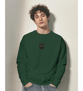 Erkek Siyah Kedi Desenli Sweatshirt – Minimal Göğüs Baskılı, Unisex Rahat Kalıp (Koyu Yeşil)