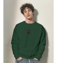 Erkek Siyah Kedi Desenli Sweatshirt – Minimal Göğüs Baskılı, Unisex Rahat Kalıp (Koyu Yeşil)