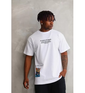 Unisex Bisiklet Yaka Baskılı Oversize T-Shirt - Beyaz