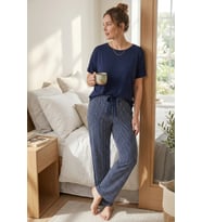 Kadın Büyük Beden Pamuklu Pijama Altı Lastikli Bel Rahat Kesim Battal Boy Soft Örme Lacivert Beyaz Çizgili