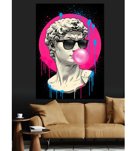 Pembe Sakızlı David Heykeli Pop Art Dekoratif Kanvas - Mdf Ahşap Tablo