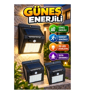 Güneş Enerjili 20 LED'li Hareket Sensörlü Solar Bahçe ve Duvar Lambası