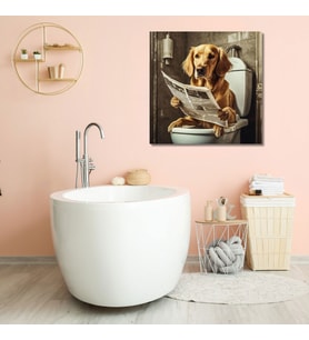 Tekli Kare Kanvas Banyo Tablosu Gazete Okuyan Golden Cins Köpek