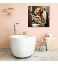 Tekli Kare Kanvas Banyo Tablosu Gazete Okuyan Golden Cins Köpek