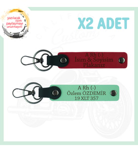 Kırmızı-Yeşil, Motorculara Özel, İsim Plaka ve A Rh (-) Kan Grubu Yazılı 2'li Anahtarlık Set