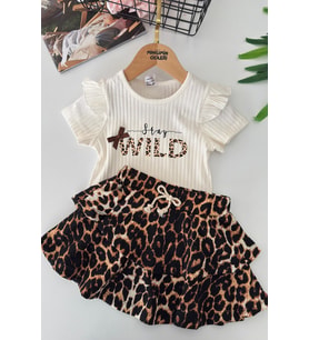 Miniğimin Cicileri Wild Leopar Etekli Kız Çocuk 2 li Takım - Kahverengi