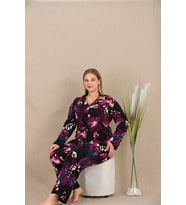 Amora Secret Büyük Beden Renkli Desenli Düğmeli Uzun Kol Viskon Pijama Takımı