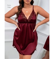 Curvy Vibes Bordo Yakası Dantelli Saten Yanları Yırtmaçlı Büyük Beden Gecelik (2XL/3XL)