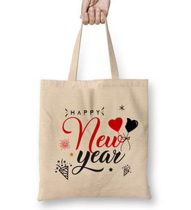 Yılbaşı Yeni Yıl Konseptli Happy New Year Bez Çanta Uzun Saplı