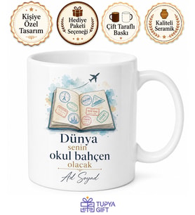 Yurt Dışı Eğitimi Hayali Kuranlara Pasaport Ve Uçak Çizimli Kupa Bardak Hediye