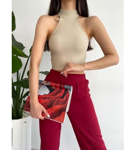 Kadın Ottoman Halter Yaka Likralı Örme Crop Bluz Bej