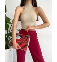 Kadın Ottoman Halter Yaka Likralı Örme Crop Bluz Bej
