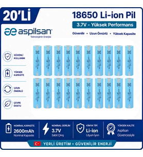 Aspilsan Puntalı 18650 2600mAh 3.7V Li-ion Şarjlı Pil 20'li Paket Orijinal INR18650A28 Lityum İyon Hücre Elektrikli Bisiklet, Scooter, UPS, Solar ve Powerbank Bataryaları İçin