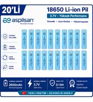 Aspilsan Puntalı 18650 2600mAh 3.7V Li-ion Şarjlı Pil 20'li Paket Orijinal INR18650A28 Lityum İyon Hücre Elektrikli Bisiklet, Scooter, UPS, Solar ve Powerbank Bataryaları İçin