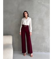 EN-BOY LİKRALI ÇİFT DÜĞMELİ VE KEMERLİ PALAZZO PANTOLON