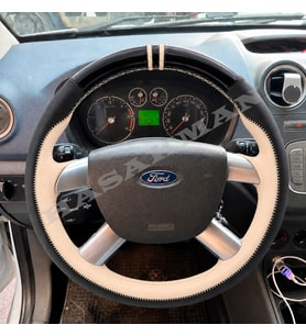 Ford Focus 2 Dikme Direksiyon Kılıfı Parlak Siyah Bej Detaylı Bej Çift Yüzük ve Dikiş 2004-2011