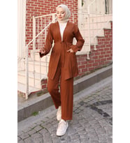 Cep Detaylı Kimono Takım Kahverengi