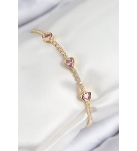 Pirinç Zirkon Taşlı Pembe Kalp Model Gold Renk Kadın Bileklik - TJ-BB7687