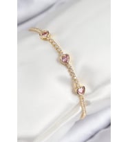 Pirinç Zirkon Taşlı Pembe Kalp Model Gold Renk Kadın Bileklik - TJ-BB7687