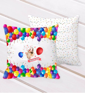 BK Gift Kişiye Özel Fotoğraflı Doğum Günü Tasarımlı Balon Desenli Dekoratif Kırlent Yastık-16 (Beyaz)