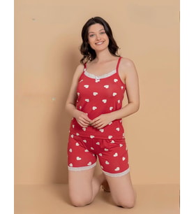 Pijamerry Kadın İp Askılı MİLAN Kumaş Likralı Şortlu Pijama Takımı 6020 - 1 Adet (Kırmızı)