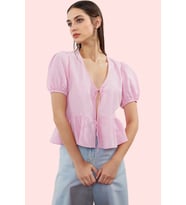 Kadın Terrycotton Kumaş Gömlek V Yaka Kısa Kollu Rahat Kesim Yaz Günlük Kullanım Hafta Sonu (Pembe)