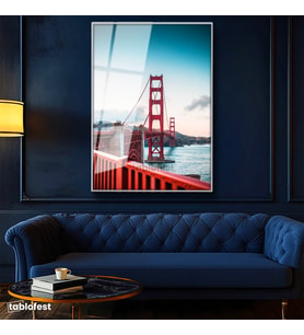 Gümüş Renk Metal Çerçeveli Tamperli Cam Tablo San Francisco Kırmızı Asma Köprü Şehir Mimari Tablo Duvar Dekoru