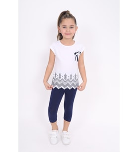 Toontoy Kız Çocuk Baskılı Göğsü Aksesuarlı Takım (Beyaz)