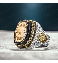 925 Ayar Gümüş Hasbi Allah Yazılı Kehribar Taşlı Erkek Yüzük