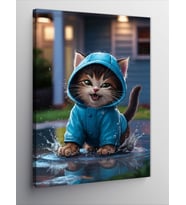 Kanvas Tablo Mavi Yağmurluklu Kedi