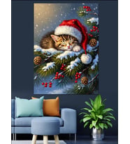 Kar Altında Uyuyan Noel Kedisi Dekoratif Kanvas - Mdf Ahşap Tablo