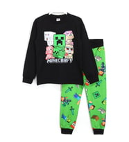 Minecraft Baskılı Uzun Kollu Çocuk Pijama Takımı 5 - 14 Yaş Siyah Yeşil