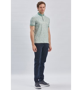 Koyu Yeşil Desenli Merserize Düğmeli Yaka Pamuklu Casual Slim Fit Dar Kesim Tişört 1011240160