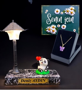 Kişiye Özel İsimli Hediye Seti, Biblolu Işıklı Siyah Masa Lambası ve Kelebek Kolye (Model 4)