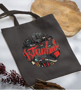 BK Gift İstanbul Tasarımlı Antrasit Kumaş Bez Çanta, Baskılı Omuz Çantası, Alışveriş Çantası, Anneye Hediye-1
