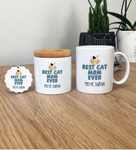 Kişiye Özel Best Cat Mom Ever Hediye Seti Kupa Bardak, Kalemlik, Anahtarlık En İyi Kedi Annesi (Beyaz)