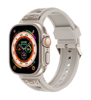 Apple Watch Ultra 49mm Uyumlu Kordon Zore KRD-117 Hava Alabilen Delikli Metal Süslemeli Desenli Silikon Kayış (Gri-Bej)