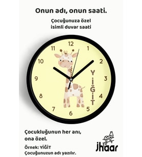 İsme Özel Sevimli Zürafa Çocuk Odası Duvar Saati Orta Boy 30 cm Siyah Camlı Sessiz