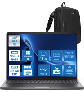 Dell Pro 16 PC16250 Intel Core 7 150U 96GB Ddr5 512GB SSD 16 Fhd+ IPS (1920X1200) 300 Nits WIN11HOME Taşınabilir Bilgisayar. PC16250C7165H27+ZETTAÇANTA