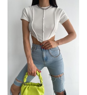 Kadın Kısa Kollu Ters Dikiş Likralı Örme Crop Bluz Beyaz