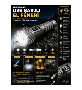 USB Şarjlı Profesyonel El Feneri 3000 Lümen 10W TG LED Tripod Uyumlu Güçlü Işık Kamp Lambası Fener
