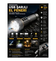 USB Şarjlı Profesyonel El Feneri 3000 Lümen 10W TG LED Tripod Uyumlu Güçlü Işık Kamp Lambası Fener