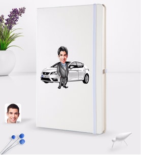 BK Gift Kişiye Özel Plakalı Erkek Seat Leon Karikatürlü Beyaz Termo Deri Defter 16x24cm Model 2
