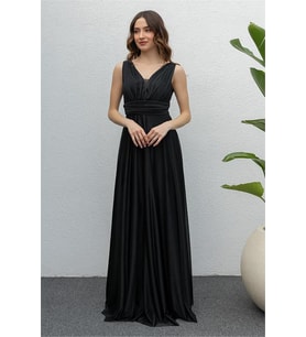 Neşeli butik kadın siyah drapeli tül abiye elbise NB2030