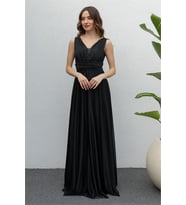 Neşeli butik kadın siyah drapeli tül abiye elbise NB2030